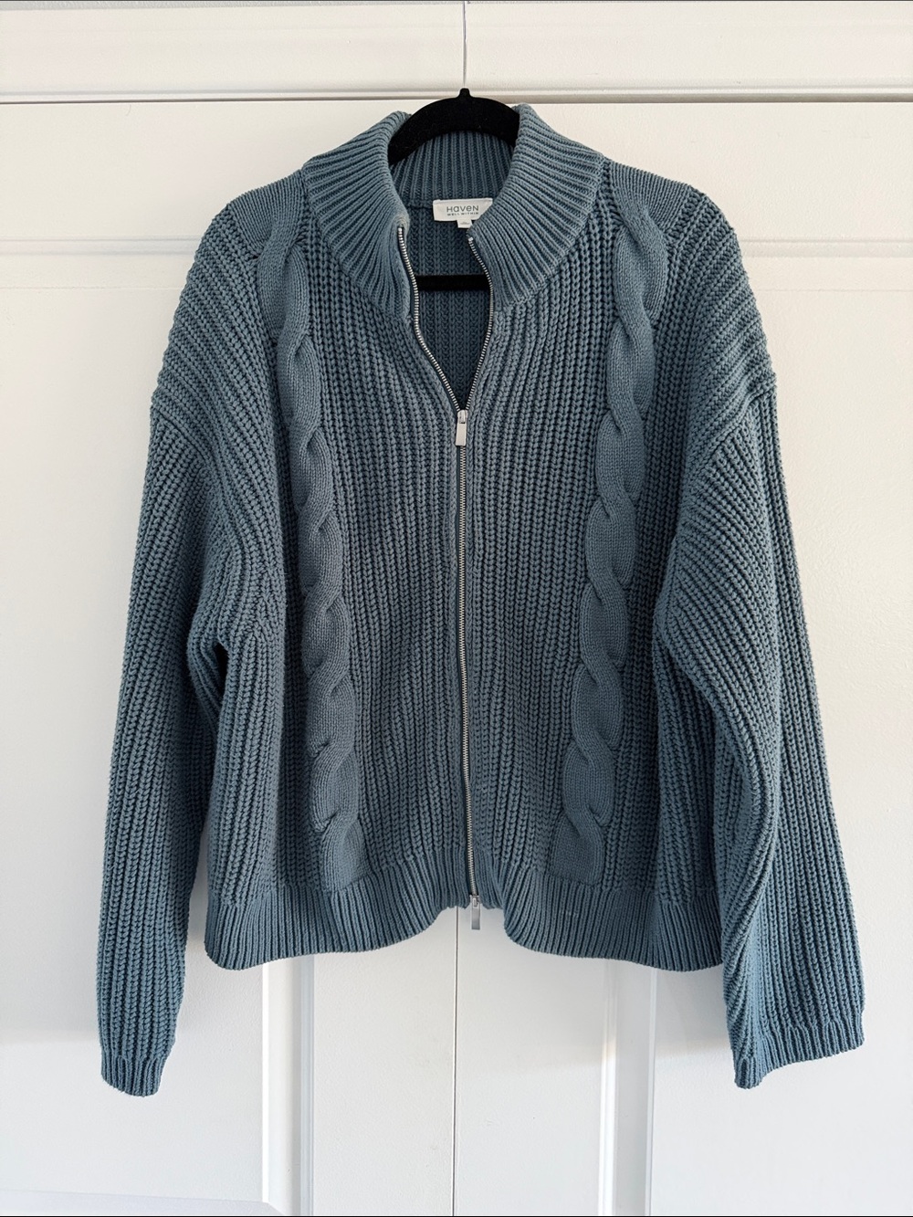 Haven Dusty Blue Zip-Up Cable Knit Cardigan- Wool Blend- Size XL